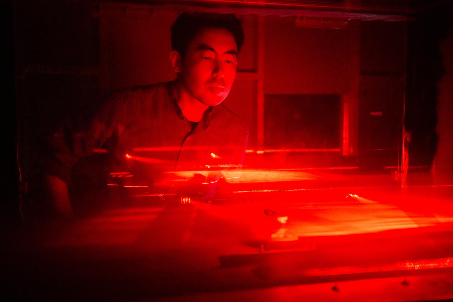 Chullhee (Chace) Cho performs wind tunnel testing on a hardware component of the Deep Atmosphere Venus Investigation of Noble Gasses, Cåhemistry, and Imaging (DAVINCI) at University of Maryland, Aug 5, 2026. NASA/Mike Guinto